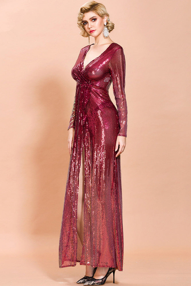 Gorgeous V-Neck Burgundy Sequins Prom Dress Online with Long Sleeves Front Split-BallBride