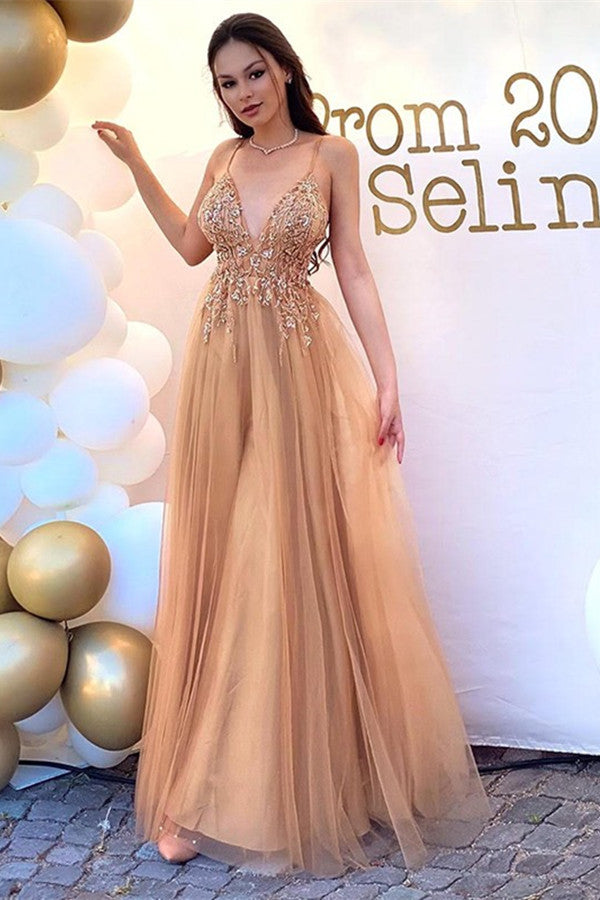 Gorgeous V-Neck Evening Dress with Spaghetti-Straps Appliques - Long-BallBride