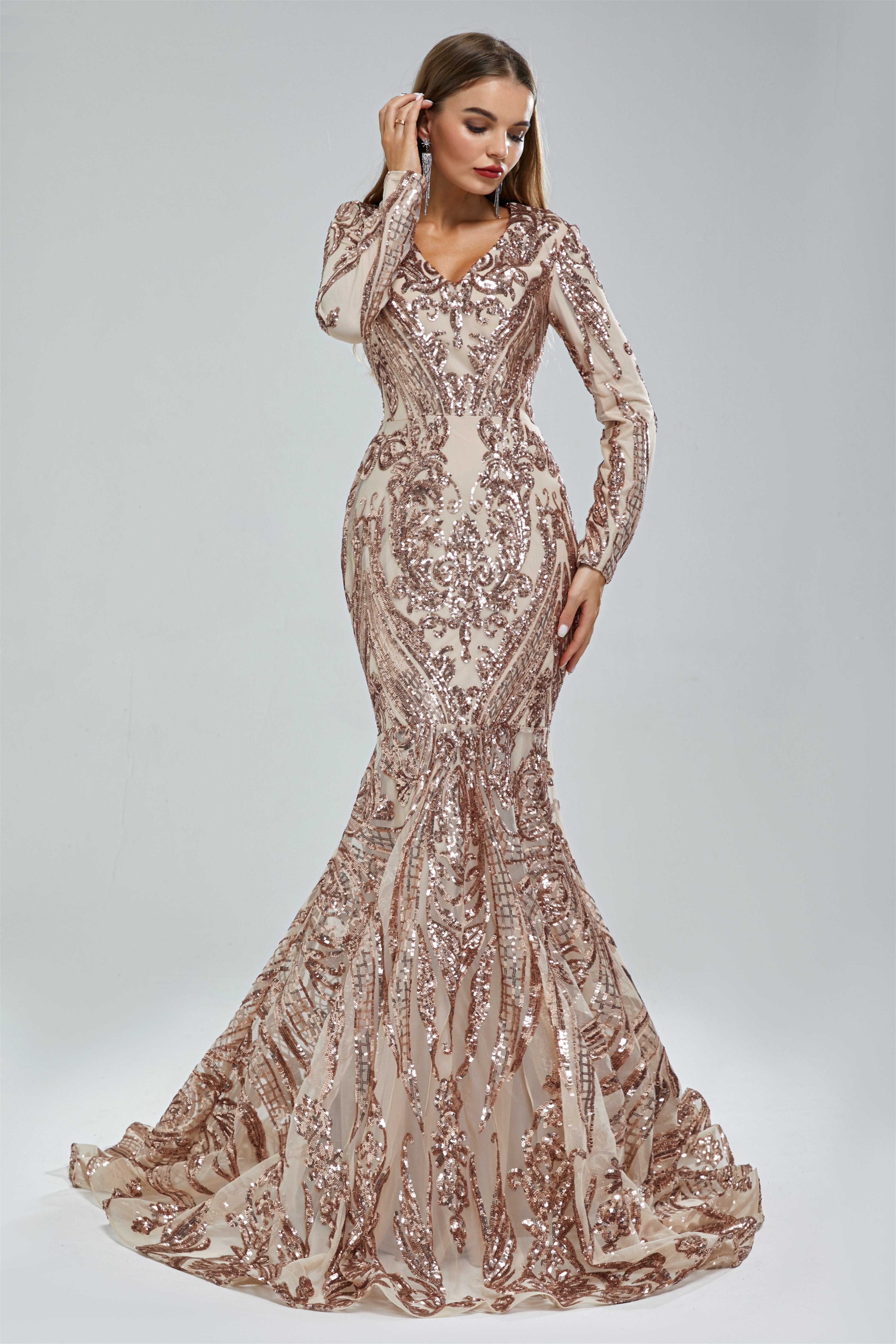 Gorgeous V-Neck Mermaid Prom Dress with Long Sleeves and Sequins-BallBride