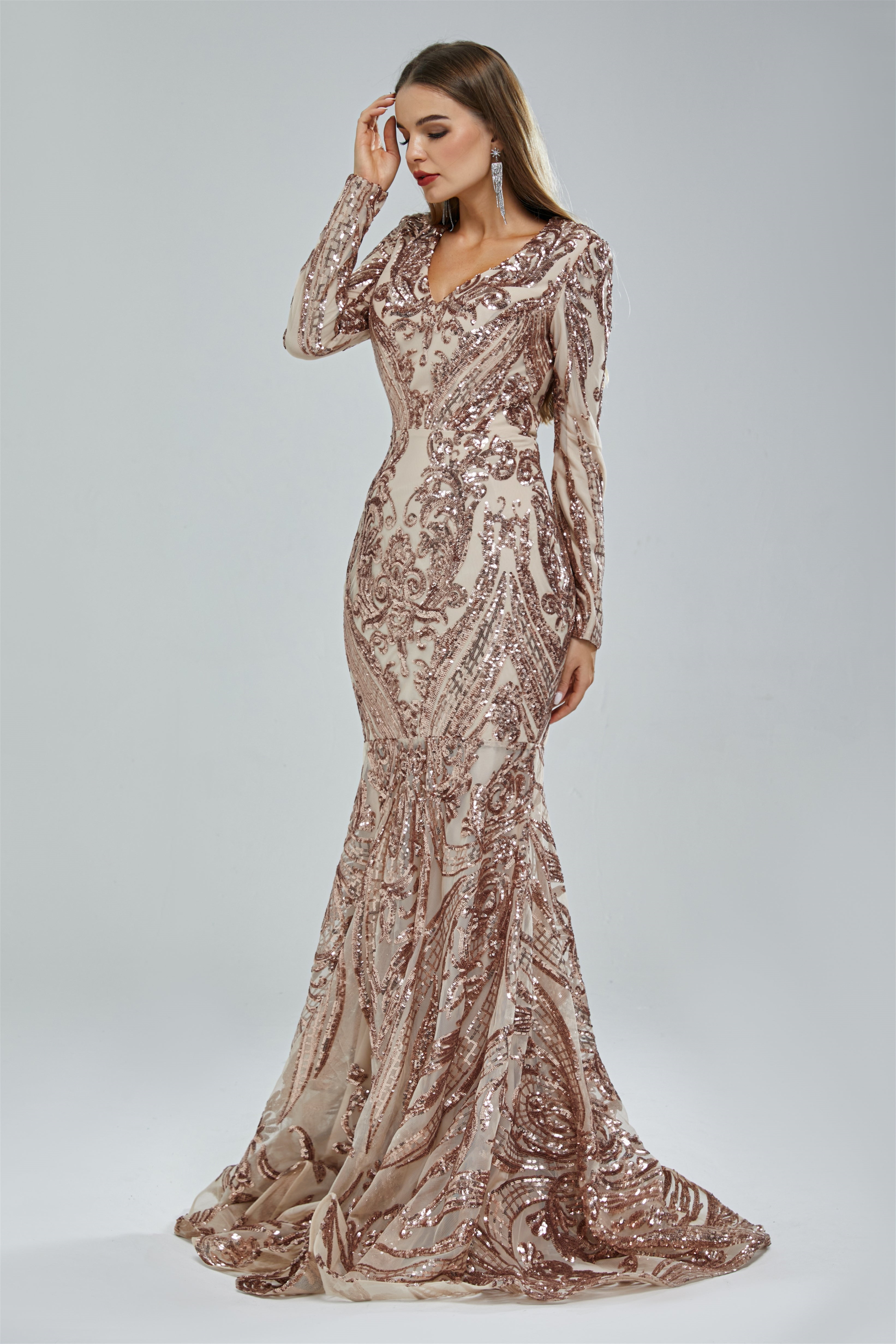 Gorgeous V-Neck Mermaid Prom Dress with Long Sleeves and Sequins-BallBride
