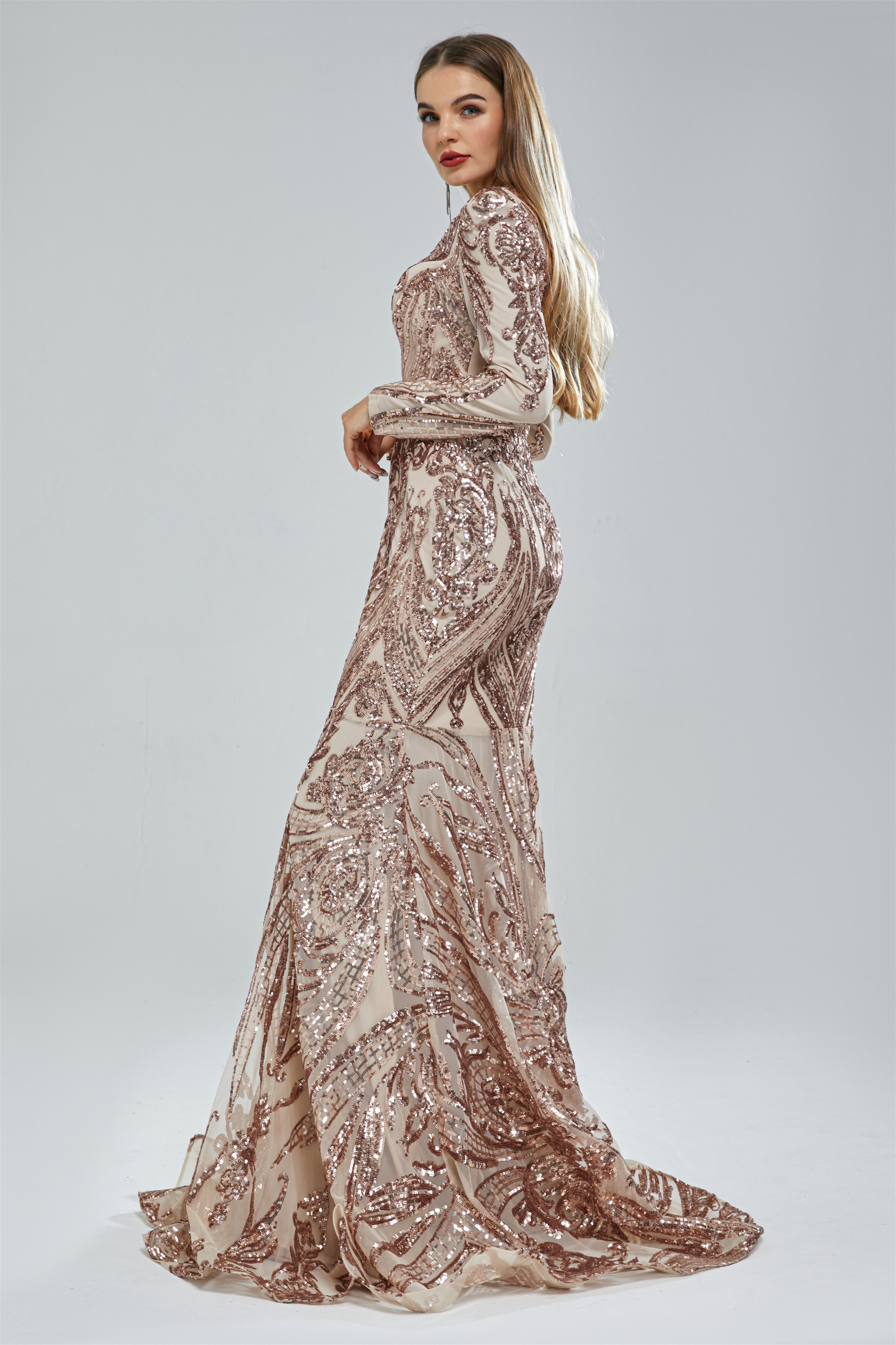 Gorgeous V-Neck Mermaid Prom Dress with Long Sleeves and Sequins-BallBride