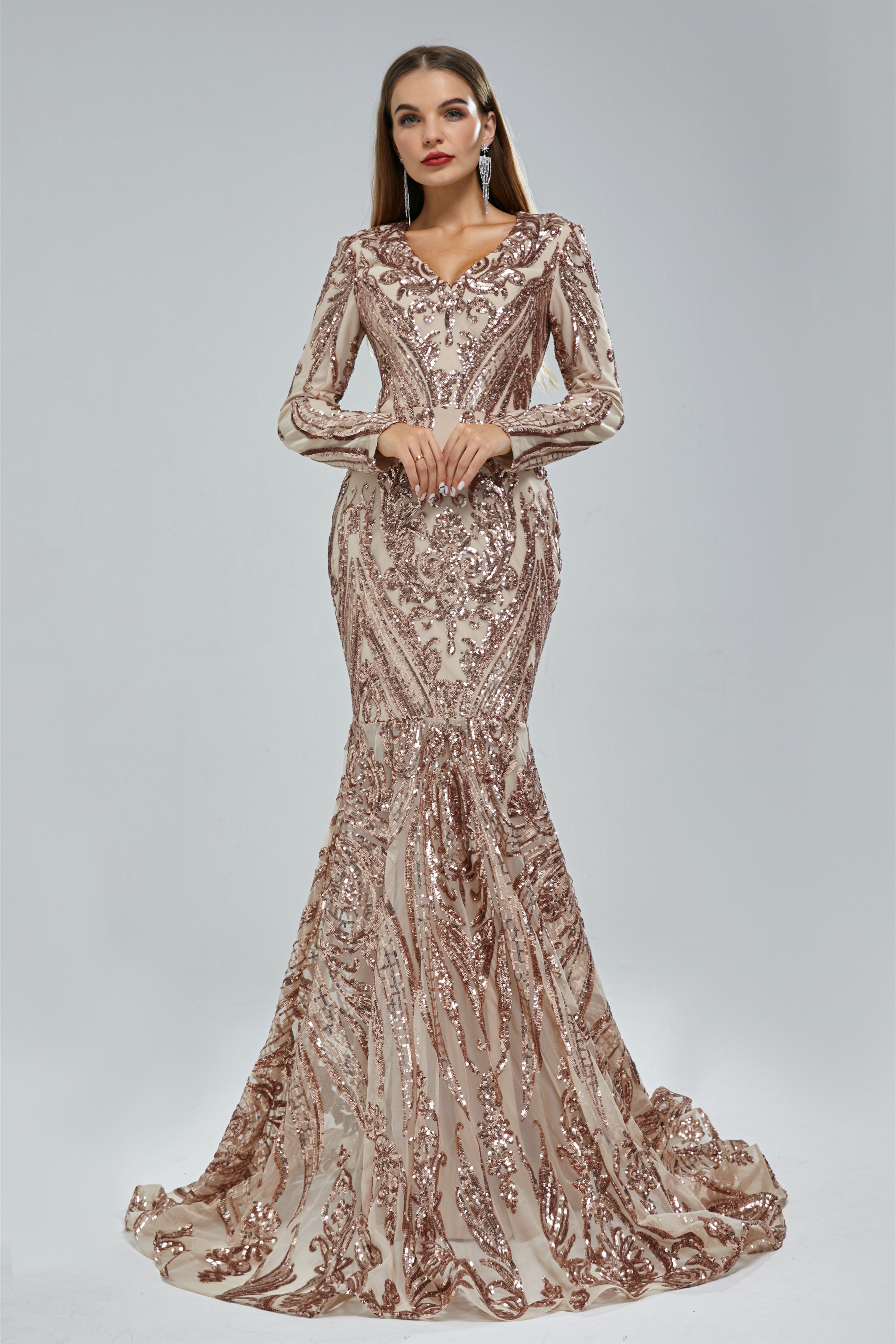 Gorgeous V-Neck Mermaid Prom Dress with Long Sleeves and Sequins-BallBride