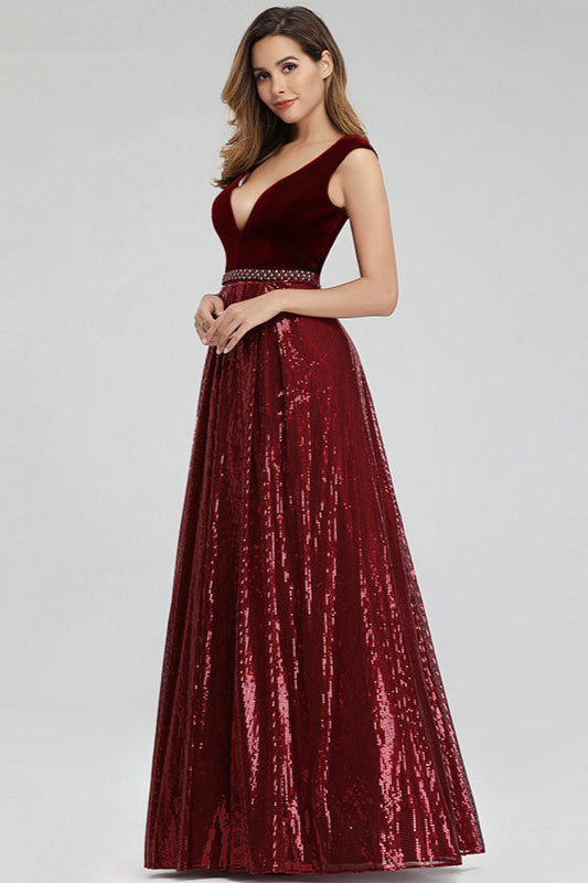 Gorgeous V-Neck Sequins Prom Dress Long Sleeveless Evening Party Gowns-BallBride