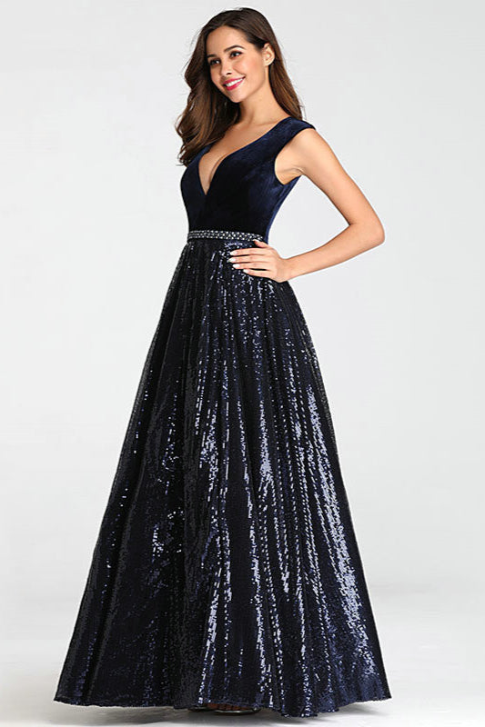 Gorgeous V-Neck Sequins Prom Dress Long Sleeveless Evening Party Gowns-BallBride