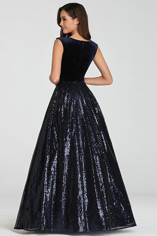 Gorgeous V-Neck Sequins Prom Dress Long Sleeveless Evening Party Gowns-BallBride