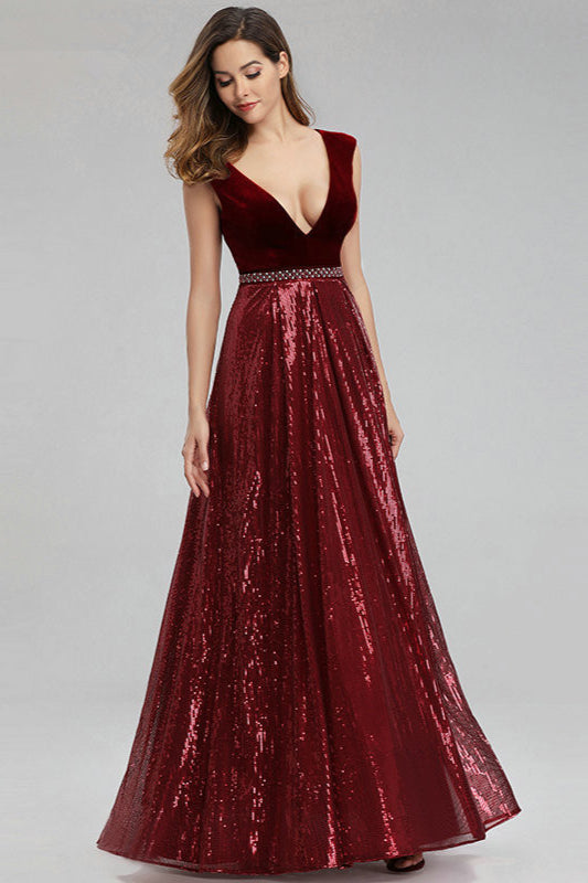 Gorgeous V-Neck Sequins Prom Dress Long Sleeveless Evening Party Gowns-BallBride
