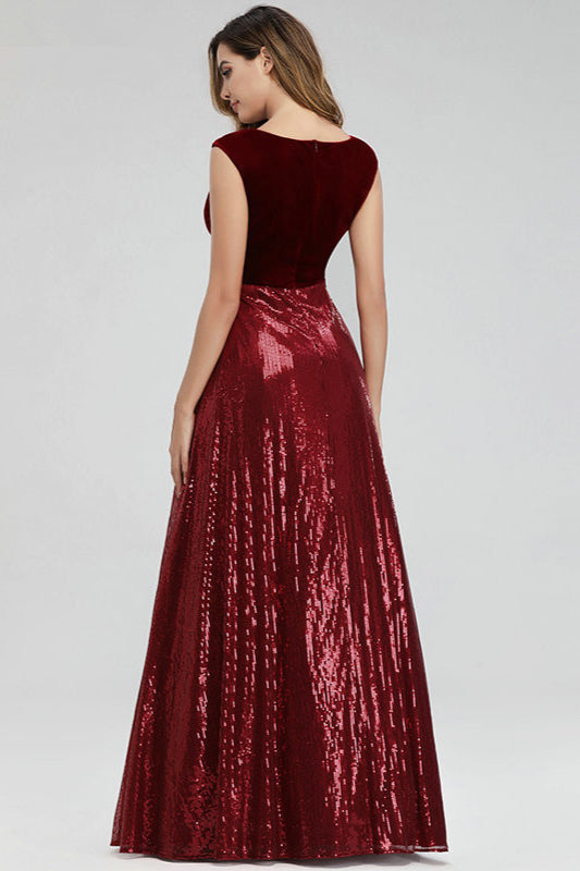 Gorgeous V-Neck Sequins Prom Dress Long Sleeveless Evening Party Gowns-BallBride