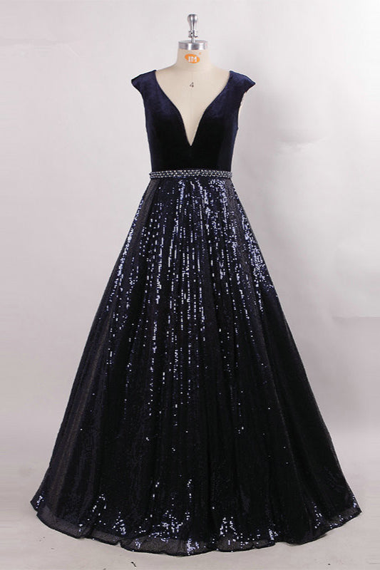 Gorgeous V-Neck Sequins Prom Dress Long Sleeveless Evening Party Gowns-BallBride