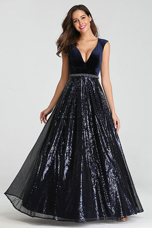 Gorgeous V-Neck Sequins Prom Dress Long Sleeveless Evening Party Gowns-BallBride