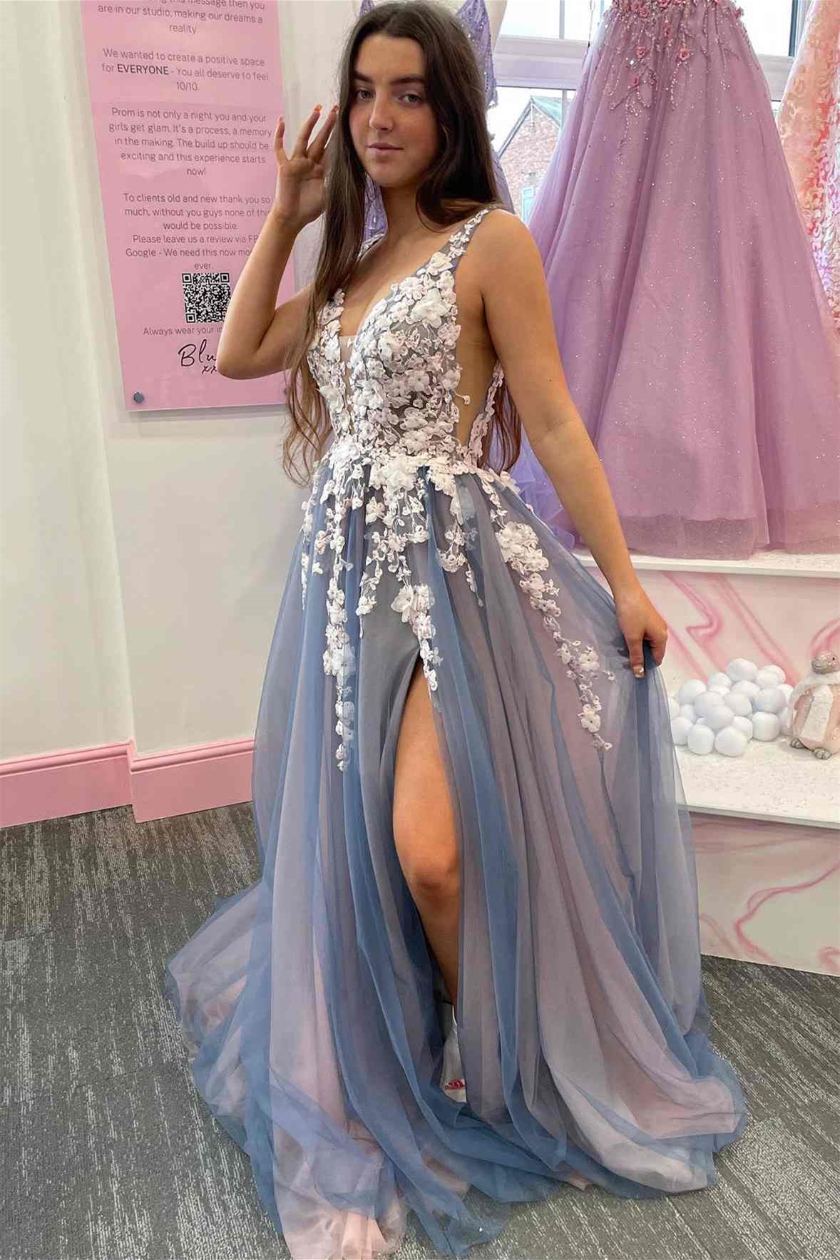 Gorgeous V-Neck Sleeveless A-line Prom Dress With Split & Appliques-BallBride