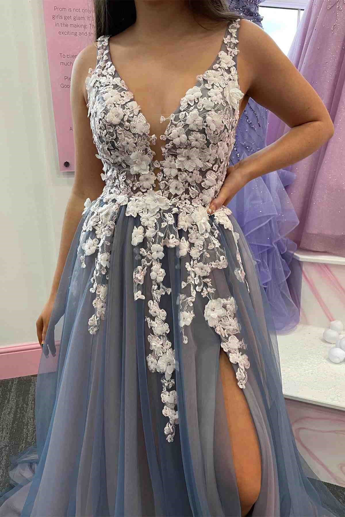 Gorgeous V-Neck Sleeveless A-line Prom Dress With Split & Appliques-BallBride