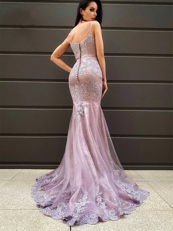 Gorgeous V-Neck Sleeveless Lace Appliques Mermaid Evening Dress Long-BallBride
