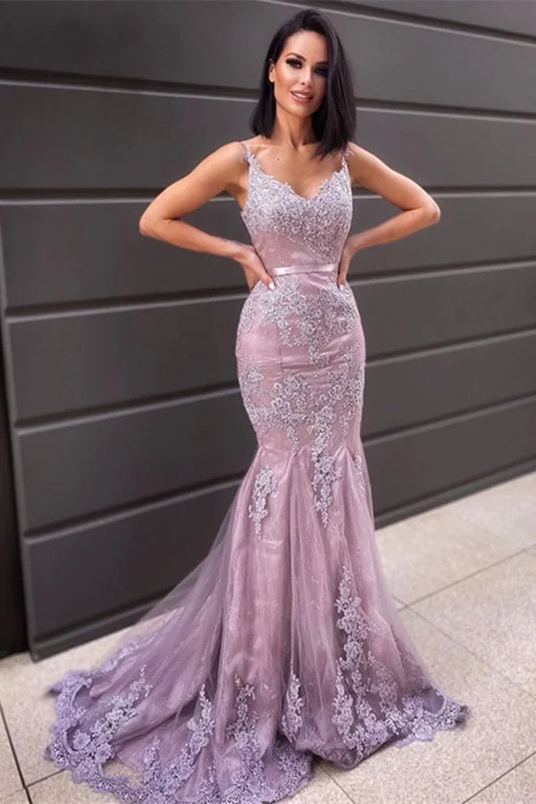 Gorgeous V-Neck Sleeveless Lace Appliques Mermaid Evening Dress Long-BallBride