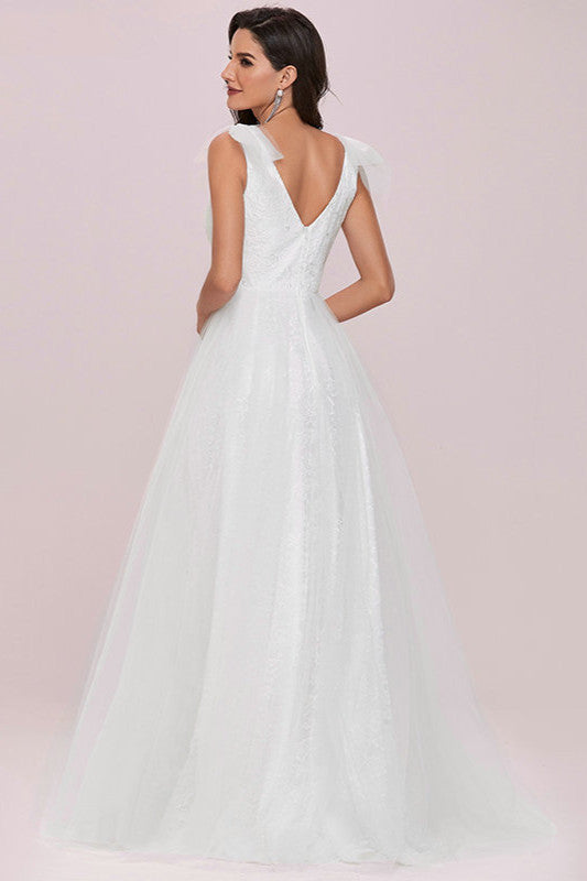 Gorgeous V-Neck Sleeveless Lace Wedding Dress-BallBride