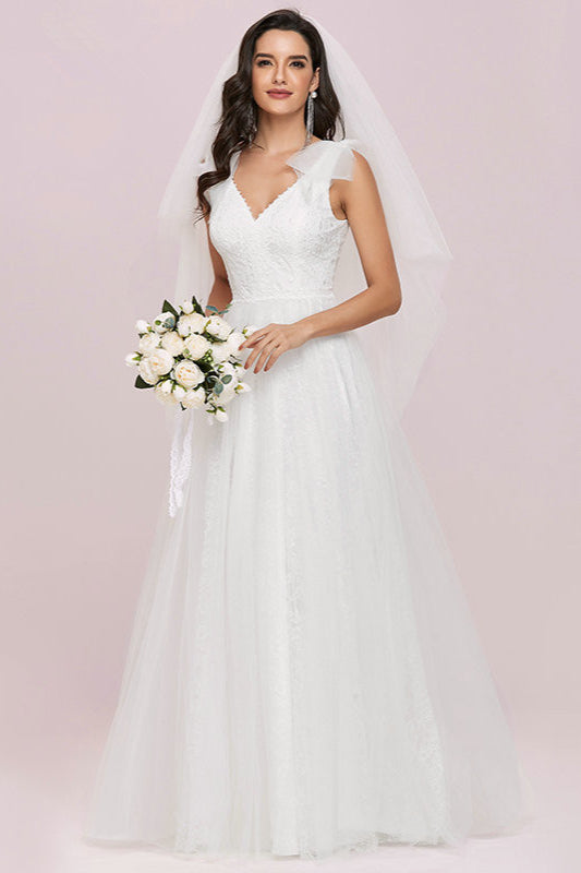 Gorgeous V-Neck Sleeveless Lace Wedding Dress-BallBride