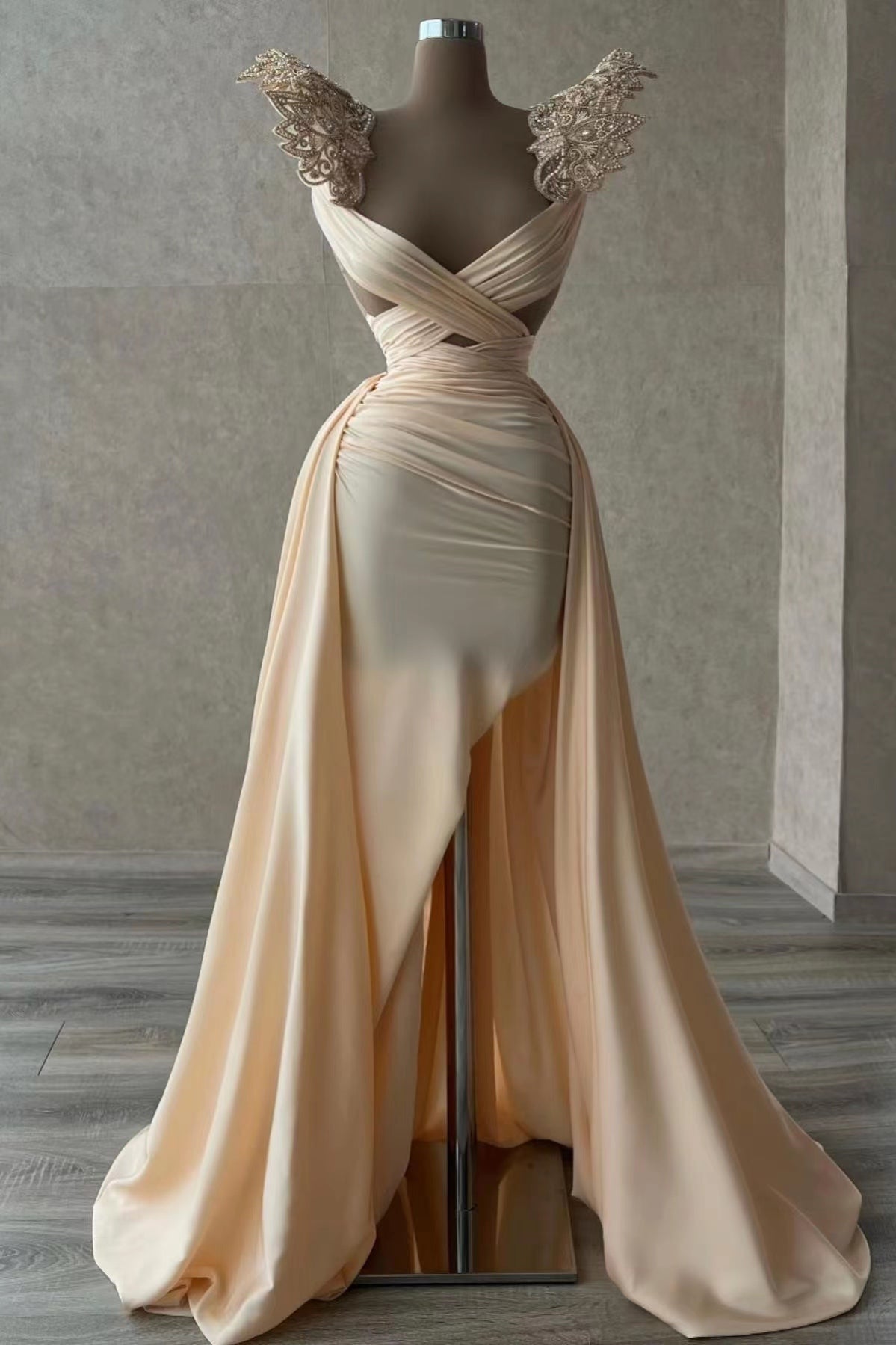 Gorgeous V-Neck Sleeveless Mermaid Evening Dress with Beadings and Slit-BallBride
