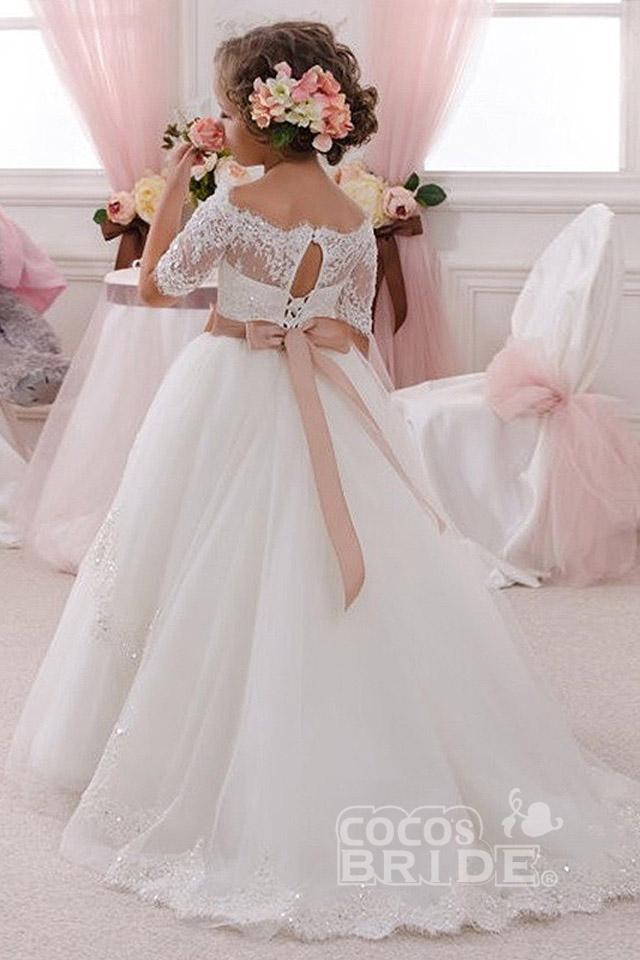 Gorgeous White Ball Gown for Girls with 1/2 Sleeves and Lace Detail-BallBride