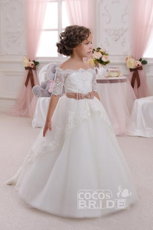 Gorgeous White Ball Gown for Girls with 1/2 Sleeves and Lace Detail-BallBride