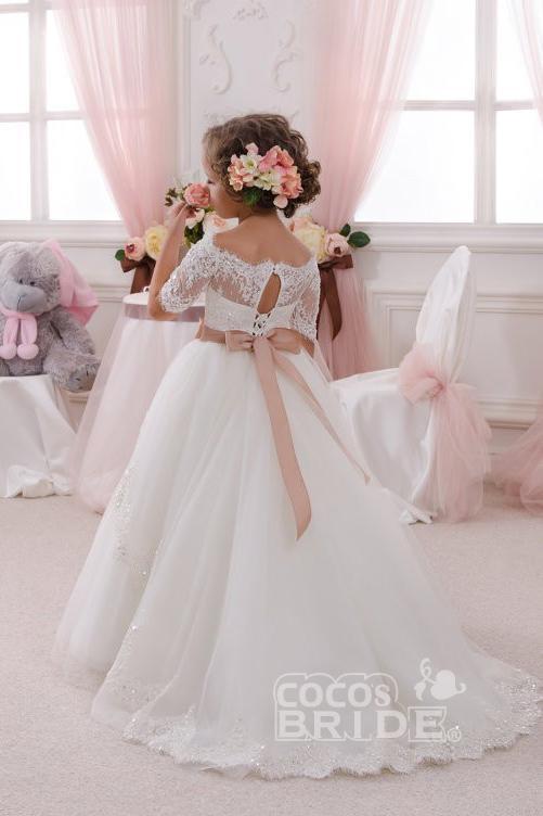 Gorgeous White Ball Gown for Girls with 1/2 Sleeves and Lace Detail-BallBride