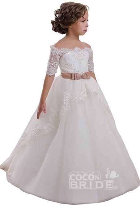 Gorgeous White Ball Gown for Girls with 1/2 Sleeves and Lace Detail-BallBride