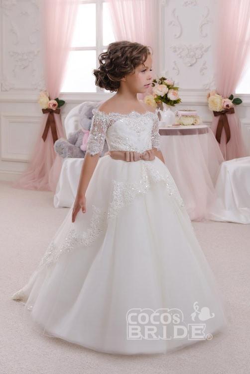 Gorgeous White Ball Gown for Girls with 1/2 Sleeves and Lace Detail-BallBride