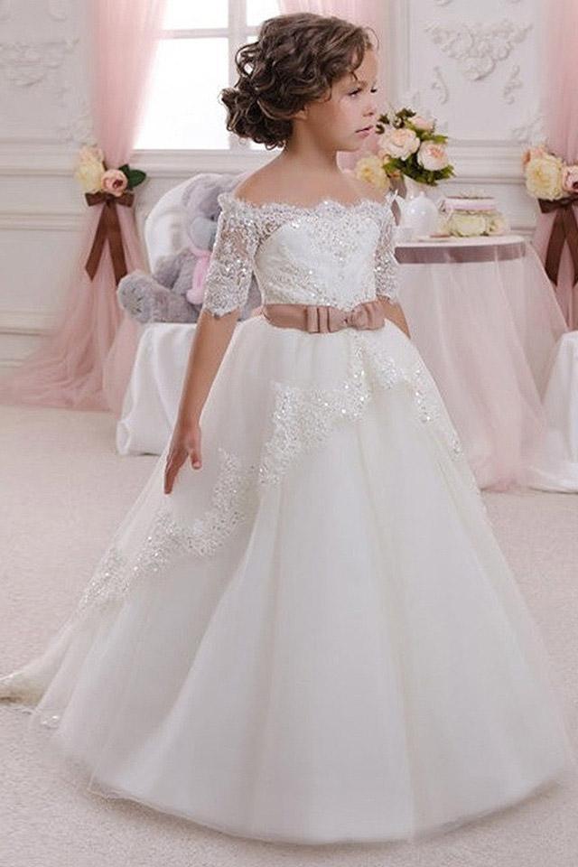 Gorgeous White Ball Gown for Girls with 1/2 Sleeves and Lace Detail-BallBride