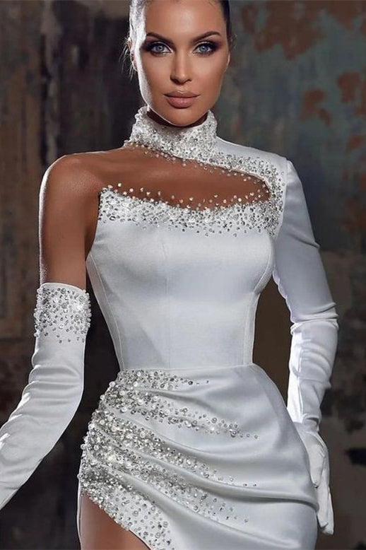 Gorgeous White High Neck Mermaid Prom Dress with Beads & Long Sleeve Gloves-BallBride