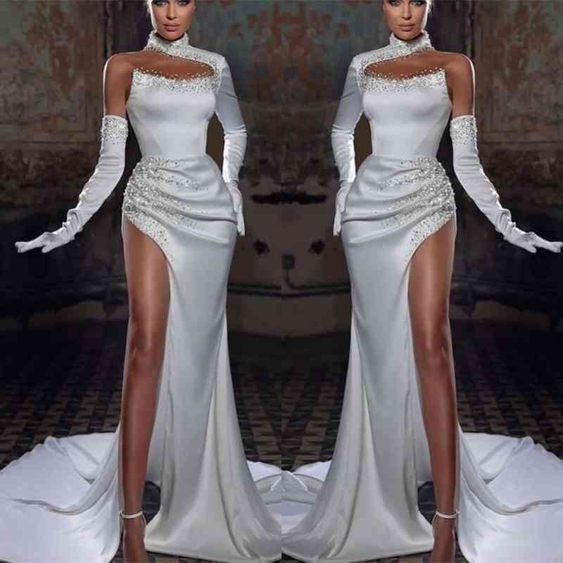 Gorgeous White High Neck Mermaid Prom Dress with Beads & Long Sleeve Gloves-BallBride