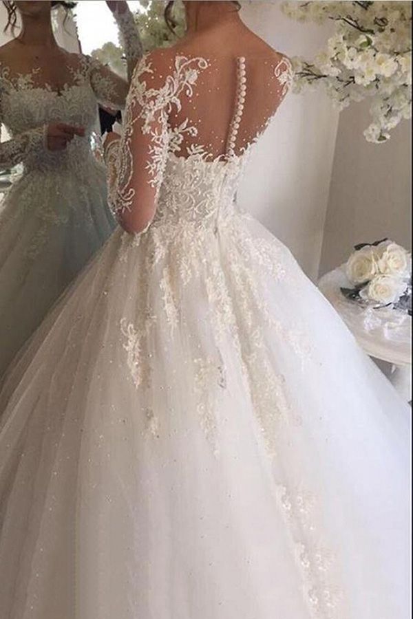 Gorgeous White Long Sleeves Wedding Dress with Appliques-BallBride
