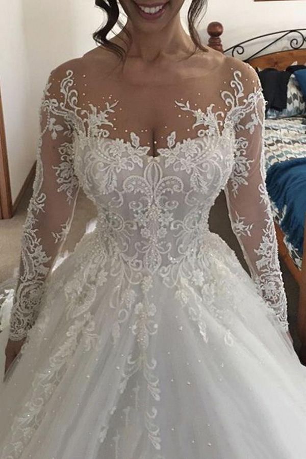 Gorgeous White Long Sleeves Wedding Dress with Appliques-BallBride