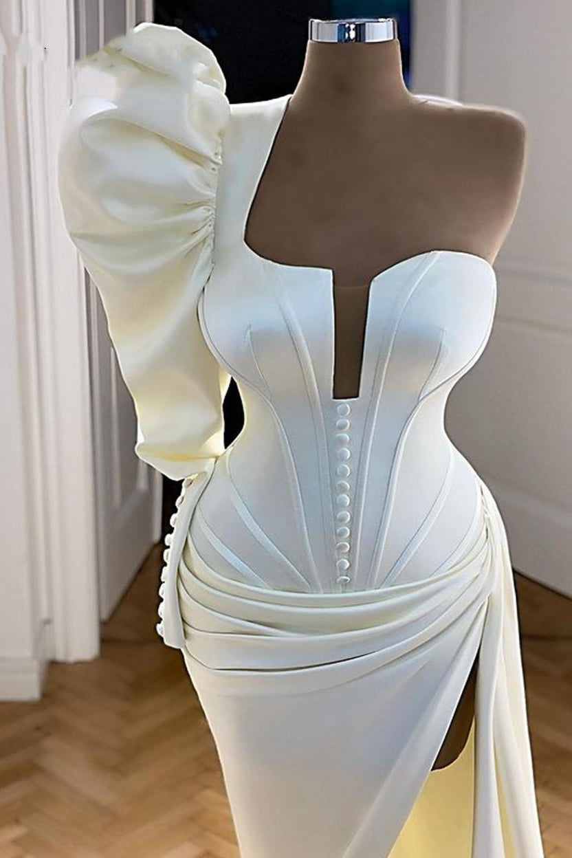Gorgeous White One Shoulder Mermaid Prom Dress with Buttons and High Split Pleats-BallBride