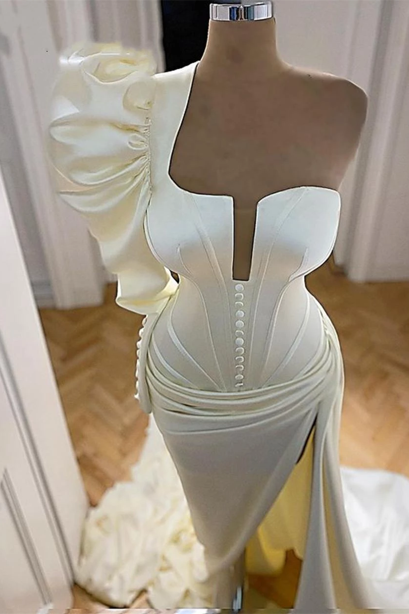 Gorgeous White One Shoulder Mermaid Prom Dress with Buttons and High Split Pleats-BallBride