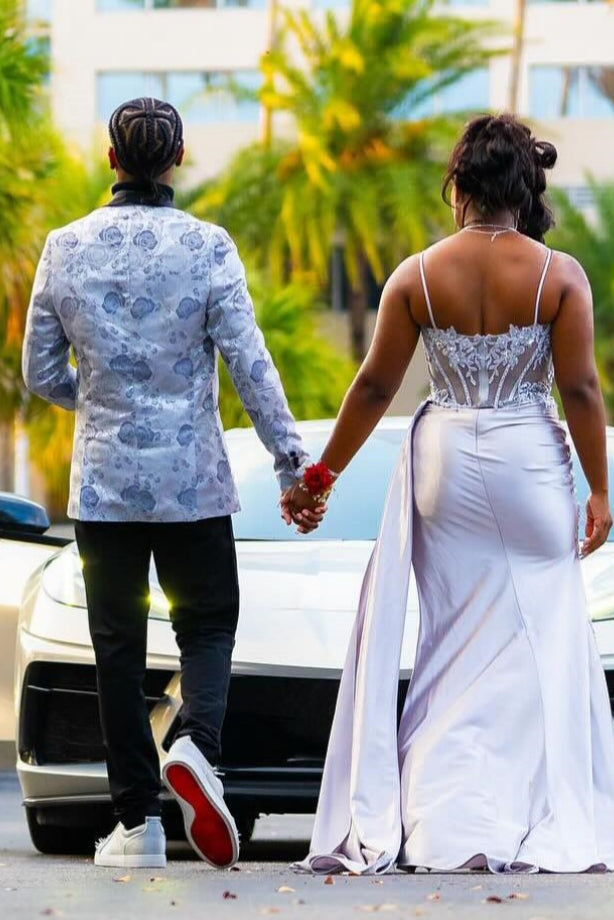 Gorgeous White Spaghetti Strap Side Slit Appliques Prom Dress-BallBride