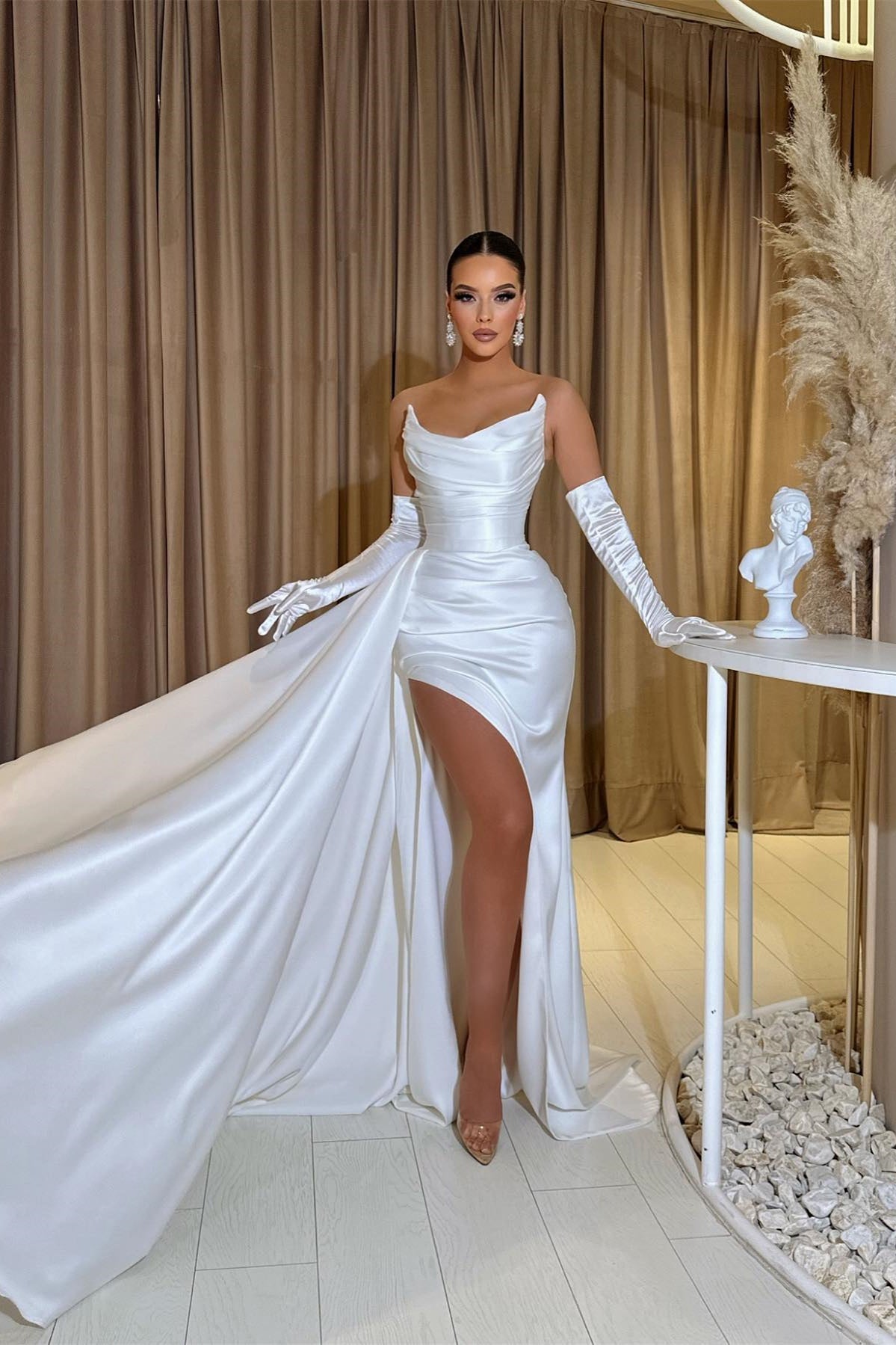 Gorgeous White Strapless Mermaid Prom Dress with Pleats & Split Ruffles-BallBride