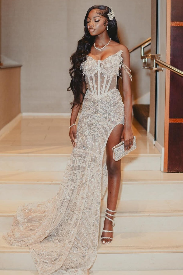 Gorgeous White Sweetheart Lace Side Slit Prom Dress with Appliques-BallBride