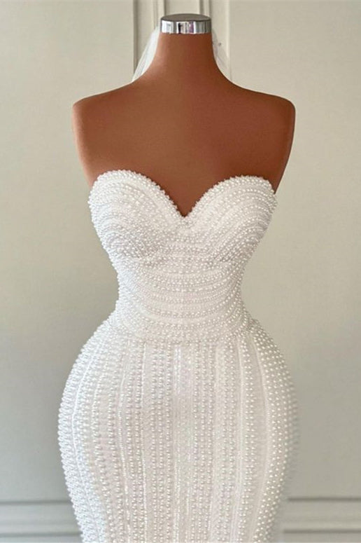 Gorgeous White Sweetheart Mermaid Wedding Gowns with Pearls-BallBride