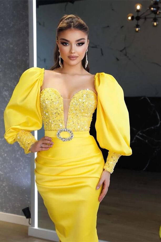 Gorgeous Yellow Long Sleeves Mermaid Evening Dress Split with Sequin Beads-BallBride