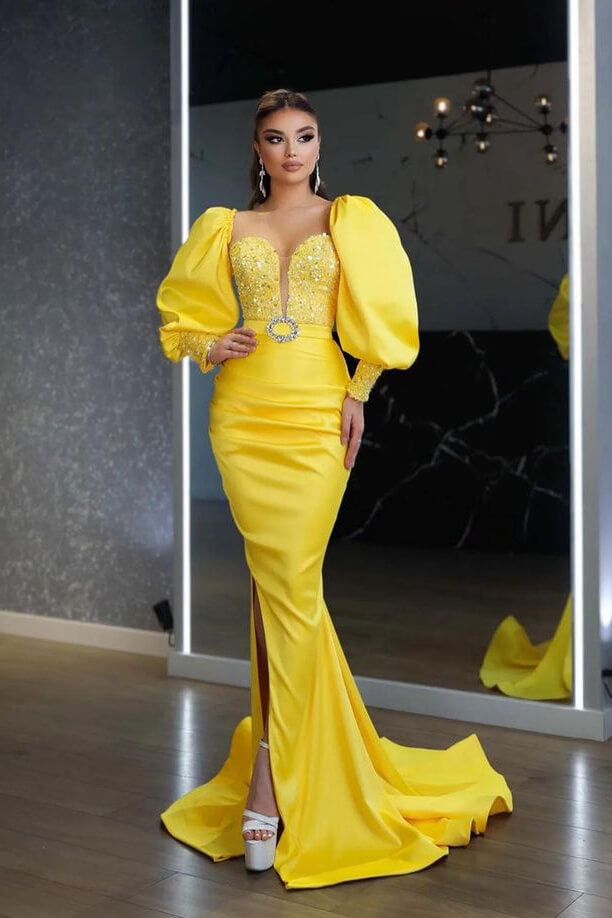 Gorgeous Yellow Long Sleeves Mermaid Evening Dress Split with Sequin Beads-BallBride