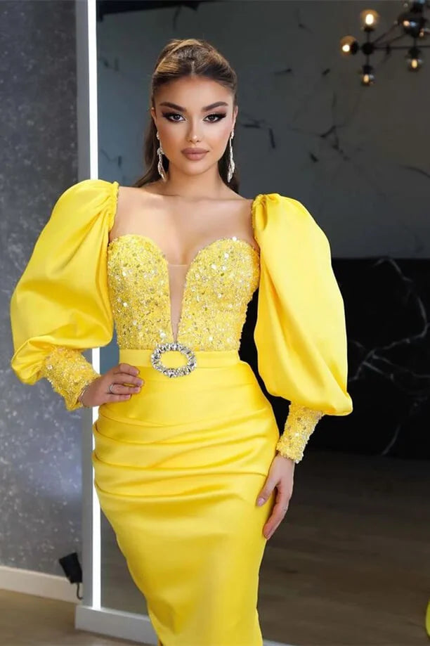 Gorgeous Yellow Long Sleeves Mermaid Evening Dress Split With Seuqins Beads-BallBride