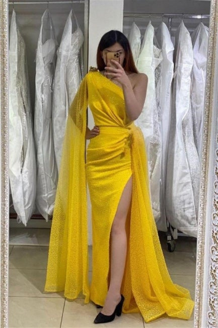 Gorgeous Yellow One-Shoulder Prom Dress with Ruffles and Mermaid Split-BallBride