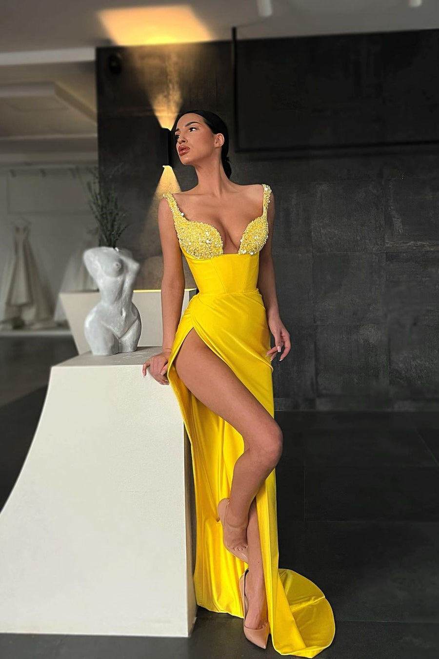 Gorgeous Yellow Sequins Mermaid Prom Dress with Slit-BallBride