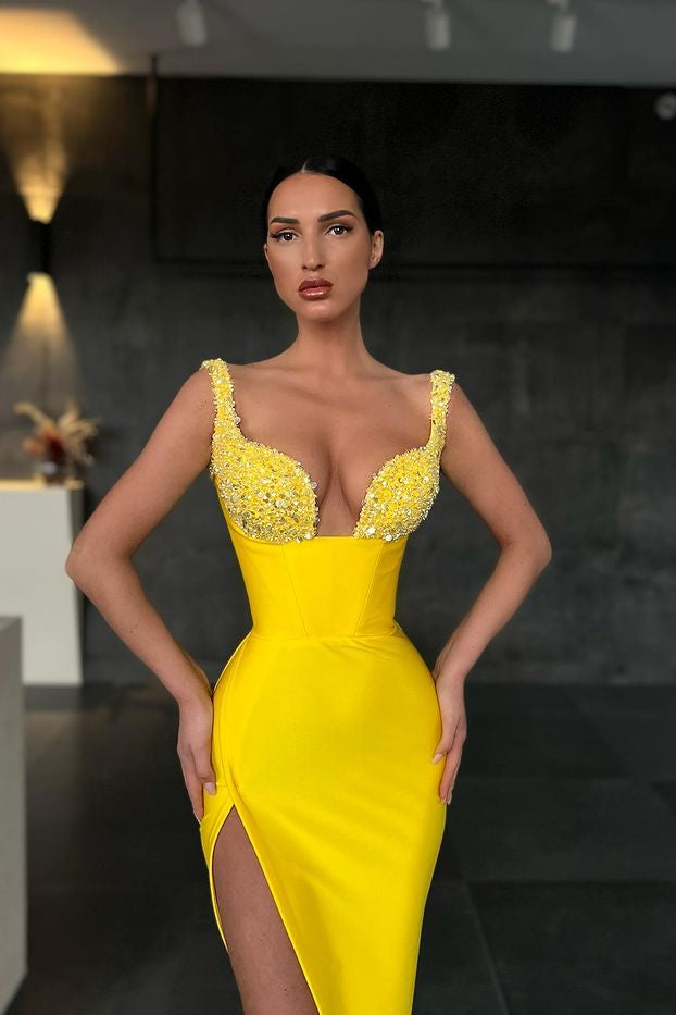 Gorgeous Yellow Sequins Mermaid Prom Dress with Slit-BallBride