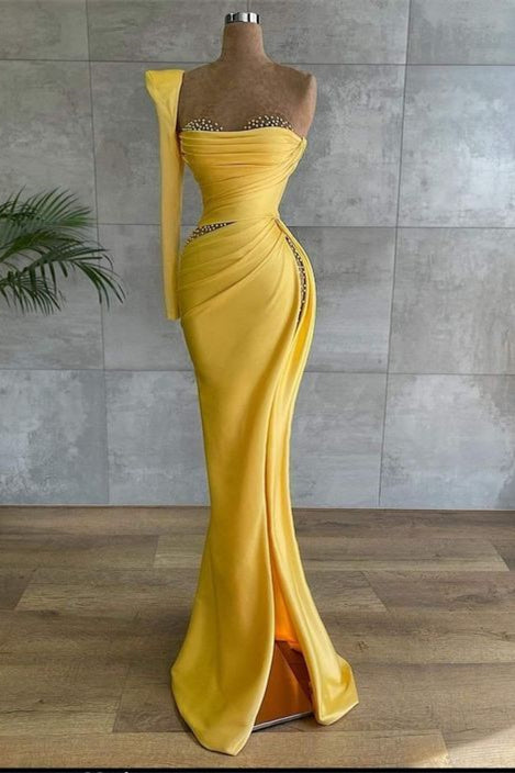 Gorgeous Yellow Sweetheart Mermaid Prom Dress with Beads Split-BallBride