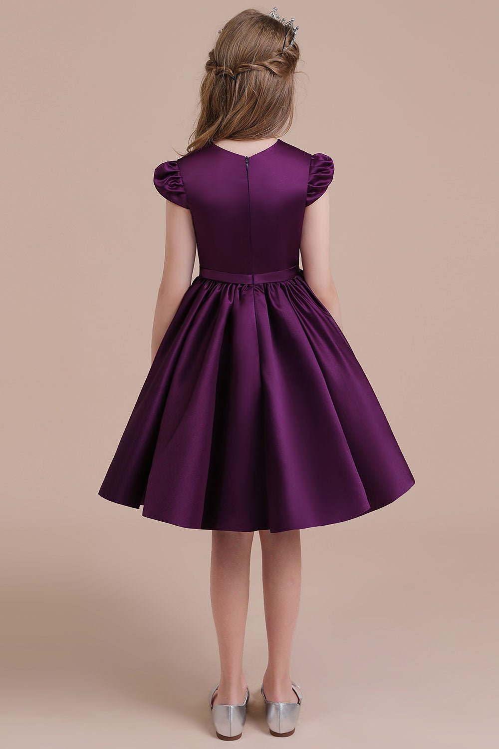 Graceful A-Line Satin Flower Girl Dress with Cap Sleeves & Ribbons-BallBride