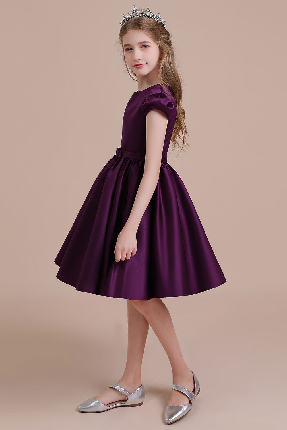 Graceful A-Line Satin Flower Girl Dress with Cap Sleeves & Ribbons-BallBride