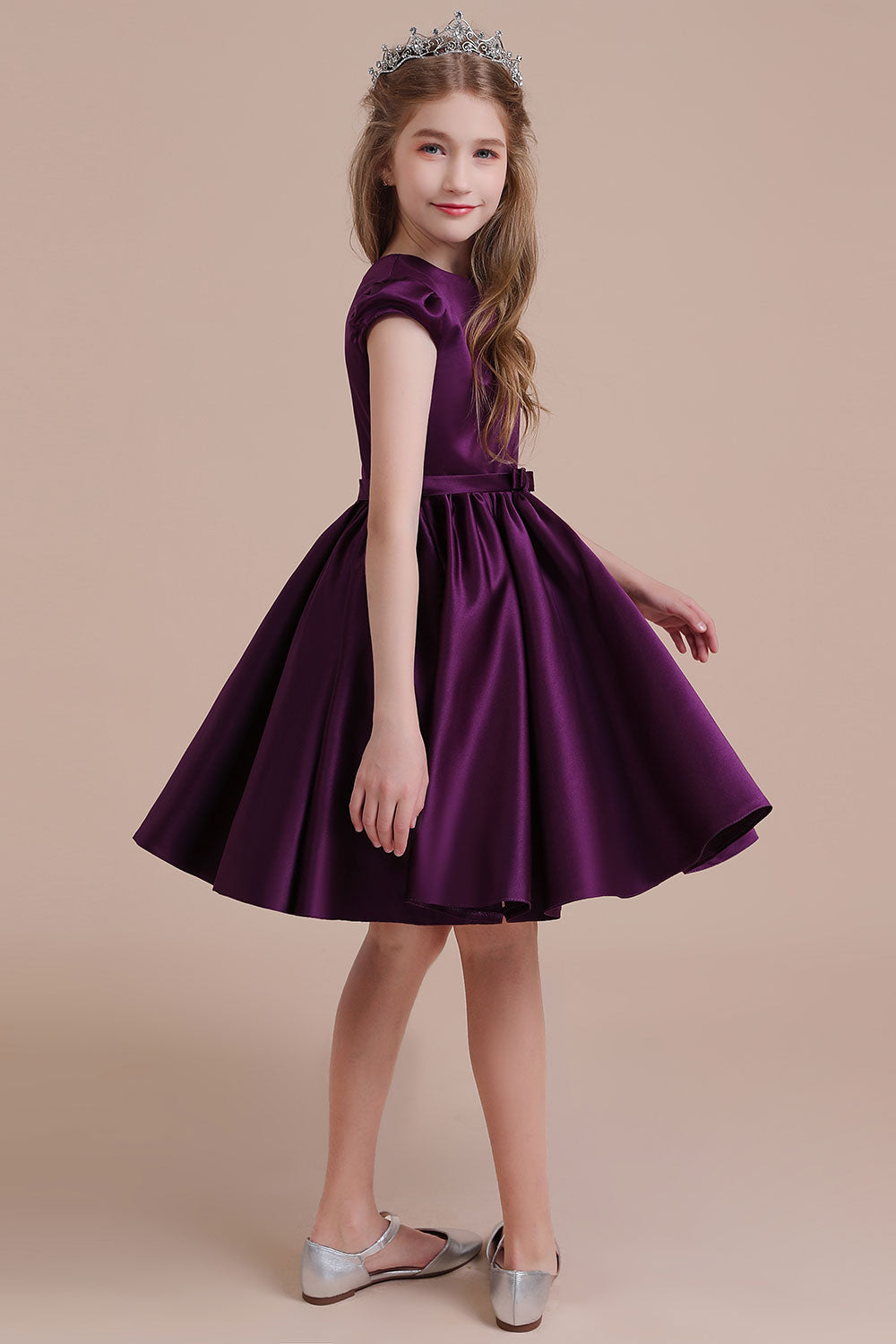 Graceful A-Line Satin Flower Girl Dress with Cap Sleeves & Ribbons-BallBride