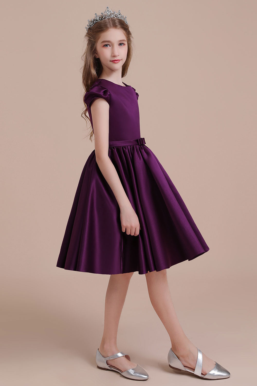 Graceful A-Line Satin Flower Girl Dress with Cap Sleeves & Ribbons-BallBride