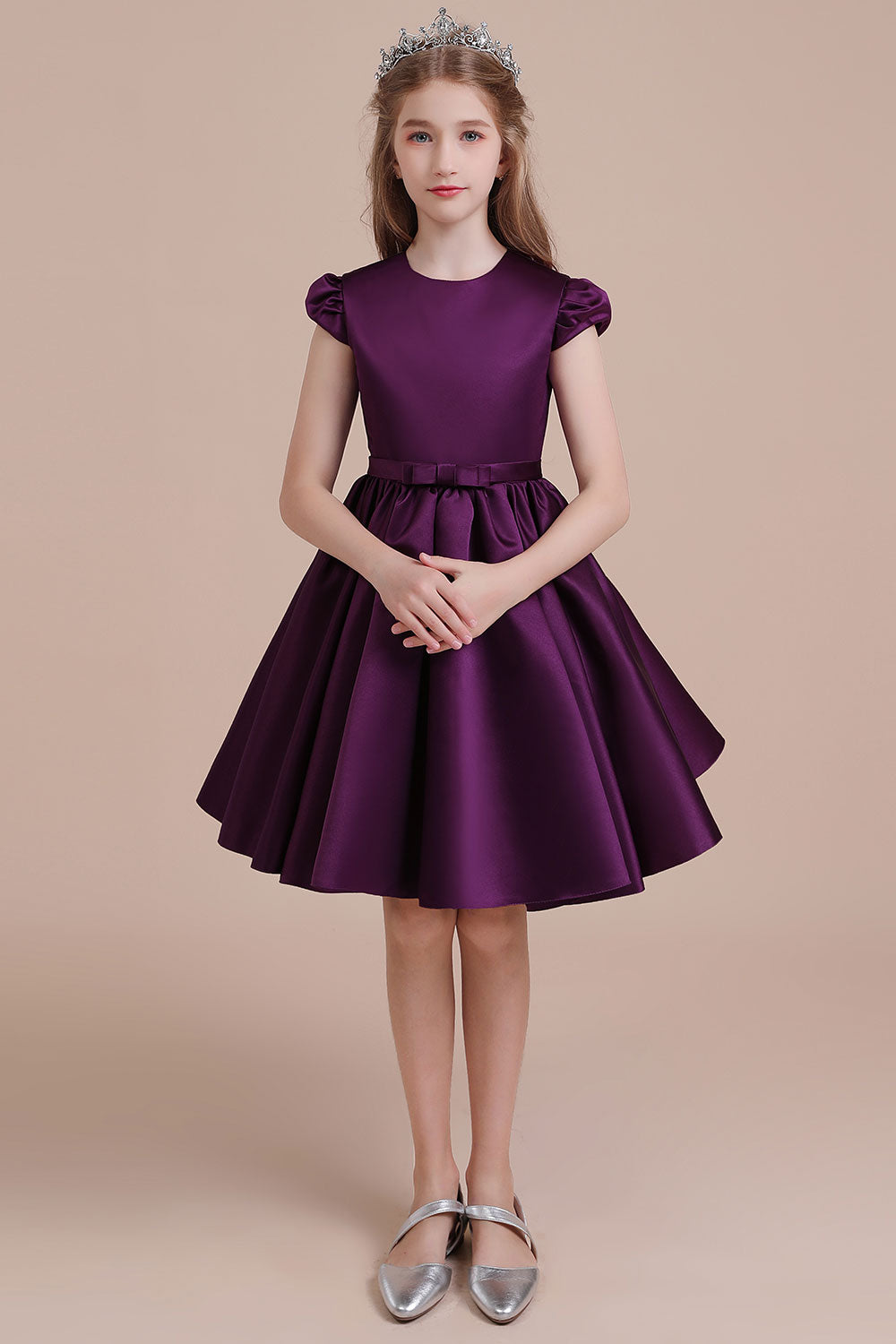 Graceful A-Line Satin Flower Girl Dress with Cap Sleeves & Ribbons-BallBride