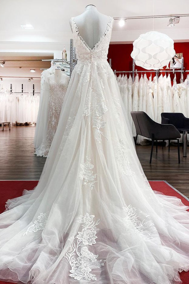 Graceful Long A-line Tulle V-Neck Wedding Dress with Lace Ruffles-BallBride