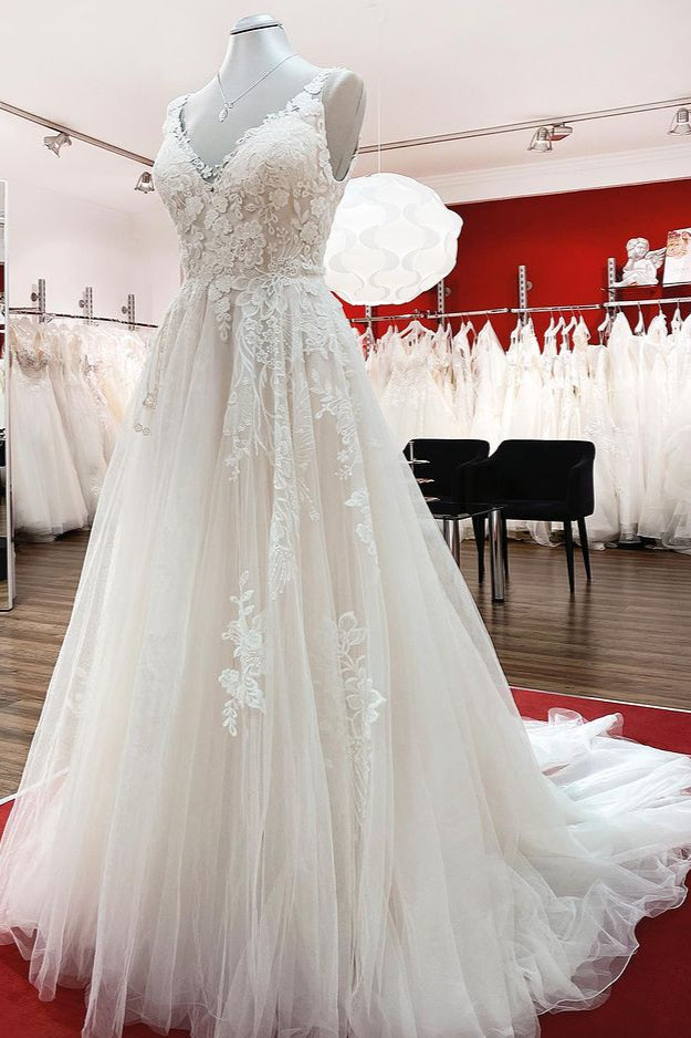 Graceful Long A-line Tulle V-Neck Wedding Dress with Lace Ruffles-BallBride